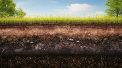 Illustration of Soil Layers: Unveiling the Earth's Hidden Tapestry. - obrazy, fototapety, plakaty
