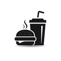Burger and soda or cola drink symbol. Fast food vector icon.