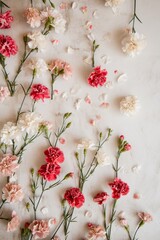 Flowers composition. Frame made of red and white carnation flowers on white background. Flat lay, top view, copy space.