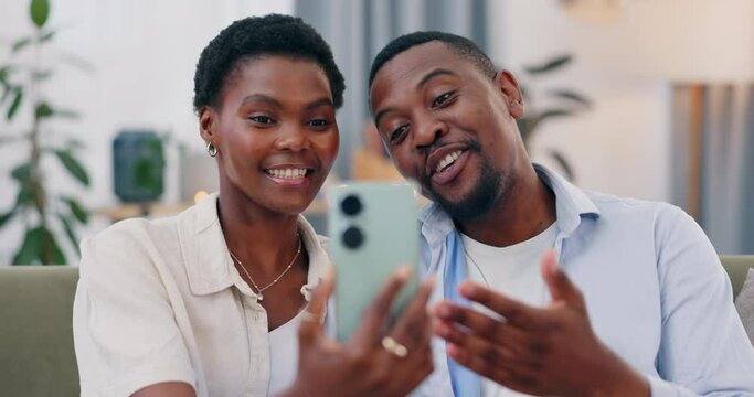 African couple, video call and phone on sofa with smile, wave or hello for communication, chat or talk. Black woman, man or happy in home on smartphone for contact, conversation or greeting in lounge