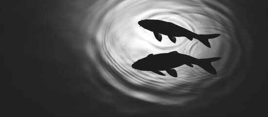 Silhouetted fish in calm water with front shadow and top right light.