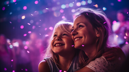 Obraz na płótnie Canvas Cheerful Mother and Daughter Sharing a Tender Moment with Glittering Party Lights in the Background, Family Celebrations Concept