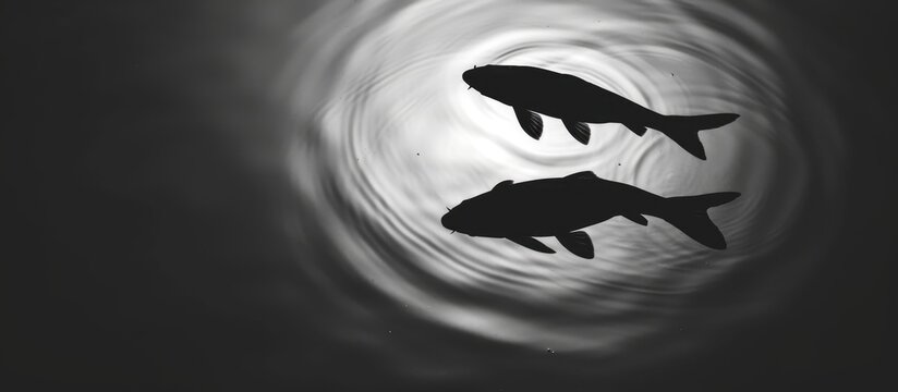 Silhouetted fish in calm water with front shadow and top right light.