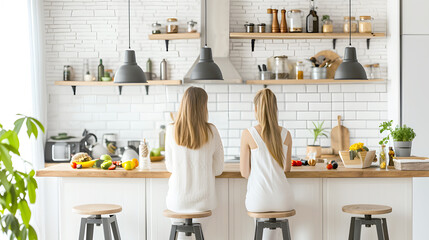 A couple of girls dressed in white, sitting with their backs to each other in a bright kitchen,...