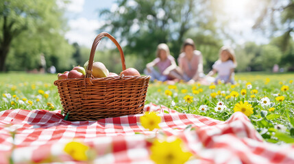 A family having a picnic in the park on a spring day, with a basket of fresh fruit