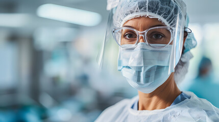 A middle-aged female doctor, wearing a surgical cap, mask and glasses