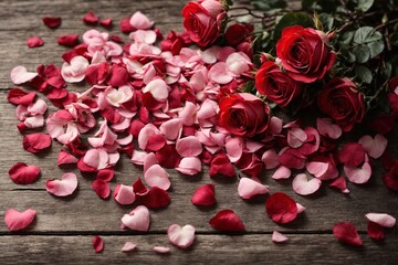 Valentine's Day composition that is both original and gorgeous to look at, with a top-down view of rose petals dispersed over a rustic wooden background 