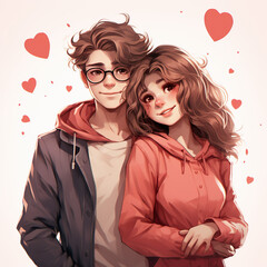happy valentines day , lovely cartoon  couple in love , with red hearts on neutral background