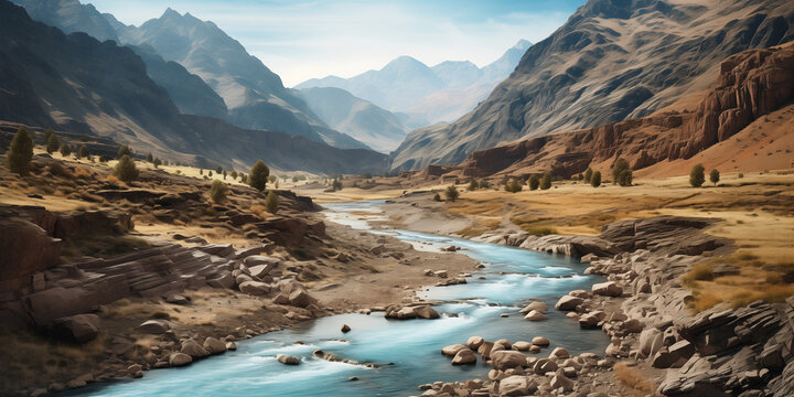 A mountain landscape with a river flowing through it, Mountain river sits in the middle of the countryside
