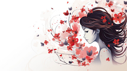 Heartwarming women day illustration of a women on floral love background in watercolor style.