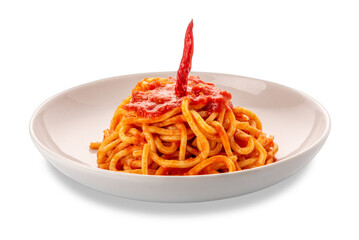 Square spaghetti, called spaghetti alla chitarra in Italy, pasta Arrabbiata topped with red tomato chili sauce in a white plate isolated
