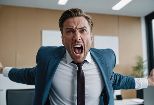 An angry man in a suit is shouting in an office
