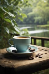 Fototapeta premium cup of coffee on the table nature background