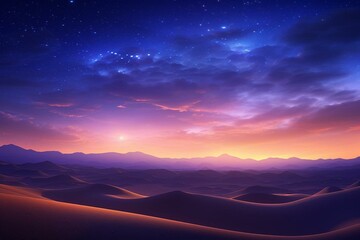 A serene dawn landscape showing desert dunes under a warm gradient starry sky. Generative AI