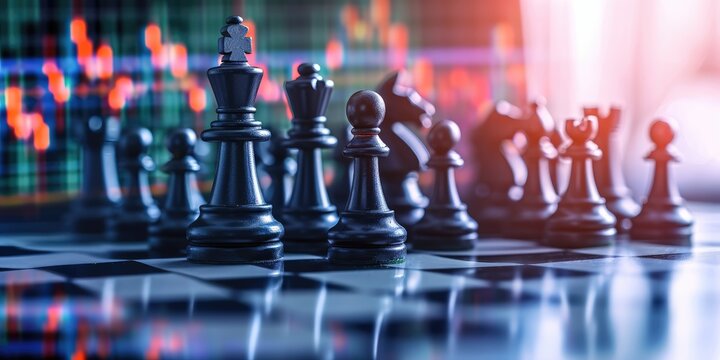 Chess business game. Digital finance stock market on the background