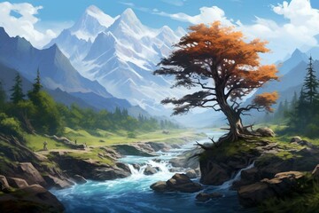 A mature tree thrives near a flowing brook, with stunning mountains in the backdrop. A breathtaking nature scene. Generative AI - obrazy, fototapety, plakaty