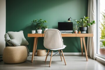 Interior home design of modern workplace with table and chairs with green walls and plant decoration