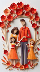 beautiful papercut colorful family portrait with orange flowers in background