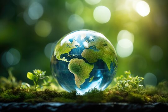 Globe and green moss on blurred nature background. Global warming concept.
