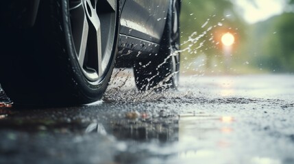 Closeup of dark car's tire splashes through a puddle after the rain. Reflection on the dark asphalt. Dynamic motion, blurred background. - obrazy, fototapety, plakaty