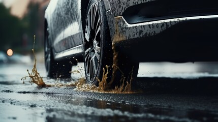 Closeup of dark car's tire splashes through a puddle after the rain. Reflection on the dark asphalt. Dynamic motion, blurred background. - obrazy, fototapety, plakaty