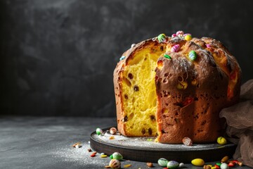 Traditional italian Easter cake panettone with raisins and colorful candies on dark background - obrazy, fototapety, plakaty