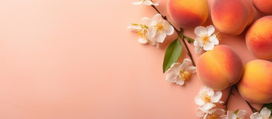 Fresh peaches and jasmine flowers on pastel pink background
