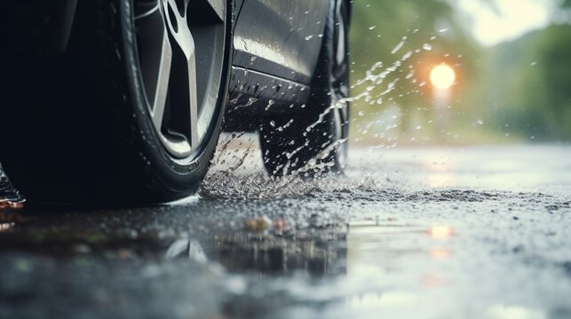 Closeup of dark car's tire splashes through a puddle after the rain. Reflection on the dark asphalt. Dynamic motion, blurred background.