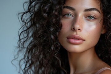 Beautiful young woman with long curly hair. Close up portrait.