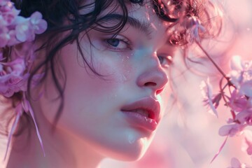 Portrait of a beautiful young woman with pink flowers in her hair