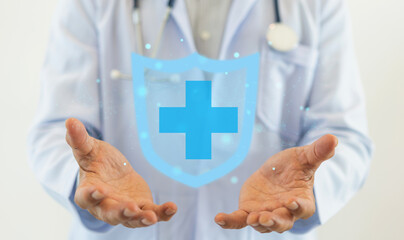 Doctor hand holding blue virtual hospital plus sign, healthcare, hospital, insurance, mental health...