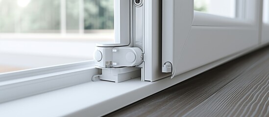 White plastic hinge connector for PVC window frame, used as a furniture element within the window sash mechanism and located within the plastic window profile.