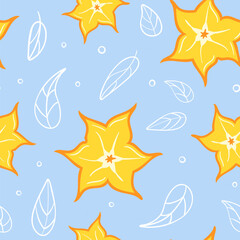 Fototapeta premium Carambola summer seamless pattern in minimalistic style. Tropical exotic fruits, leaves. Healthy food. For menu, cafe, wallpaper, fabric, wrapping