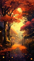 Beautiful Nature Autumn cityscape, cartoon style. ai generated