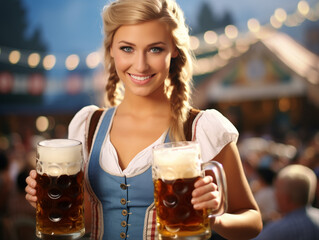 Naklejka premium A lively Oktoberfest scene with cheerful people, traditional attire, and celebration.