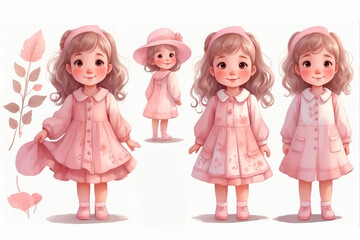 Set of cute little girls in pink dresses and hats. hand drawn illustration.