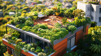 Top view of the garden on the roof in urban jungle style. The concept of an environmentally friendly vegetable garden at home and a healthy diet