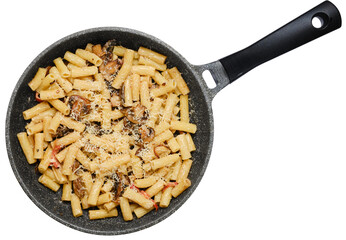 Top view of pasta with champignon mushrooms