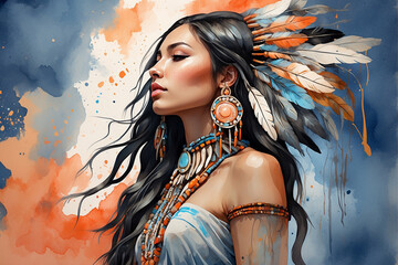 Portrait of a beautiful young woman with indian headdress. spiritual art - obrazy, fototapety, plakaty
