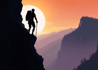 Young man going down a big mountain at a beautiful sunset, silhouette background	