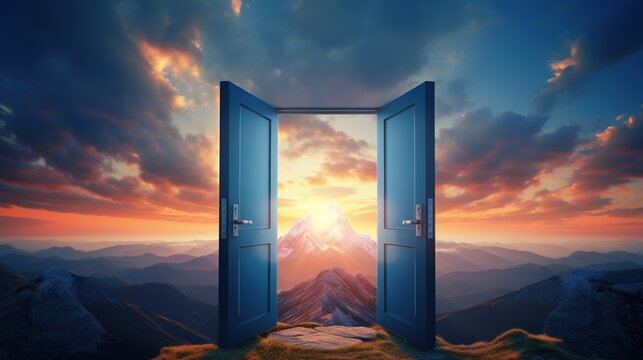 Opened Door on Mountains. New, Journey, Adventure, Start, Begin, Life, Change, Path
