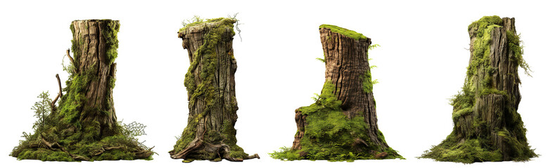 Set of moss-covered old tree stumps, cut out