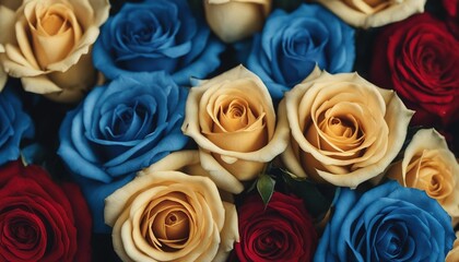 Natural fresh blue and yellow roses flowers pattern wallpaper. top view, Red rose flower wall backgr