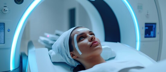 Woman undergoing cancer radiation therapy in a modern private clinic or hospital with professional doctors using a linear accelerator. - obrazy, fototapety, plakaty