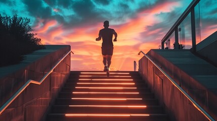 a man runs up a glowing staircase after sunset - obrazy, fototapety, plakaty