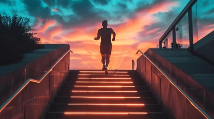 Fotobehang a man runs up a glowing staircase after sunset © Alizeh