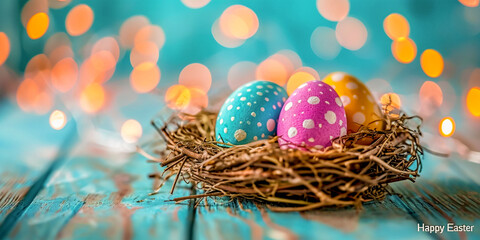Easter eggs in a nest of thin twigs on a background of bright lights of a garland. These colorful eggs in red, blue, yellow tones create a festive atmosphere