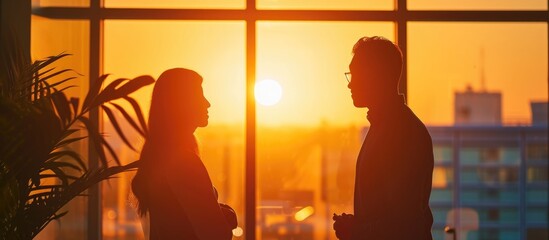 Silhouette of male and female colleagues discussing productivity near window in office