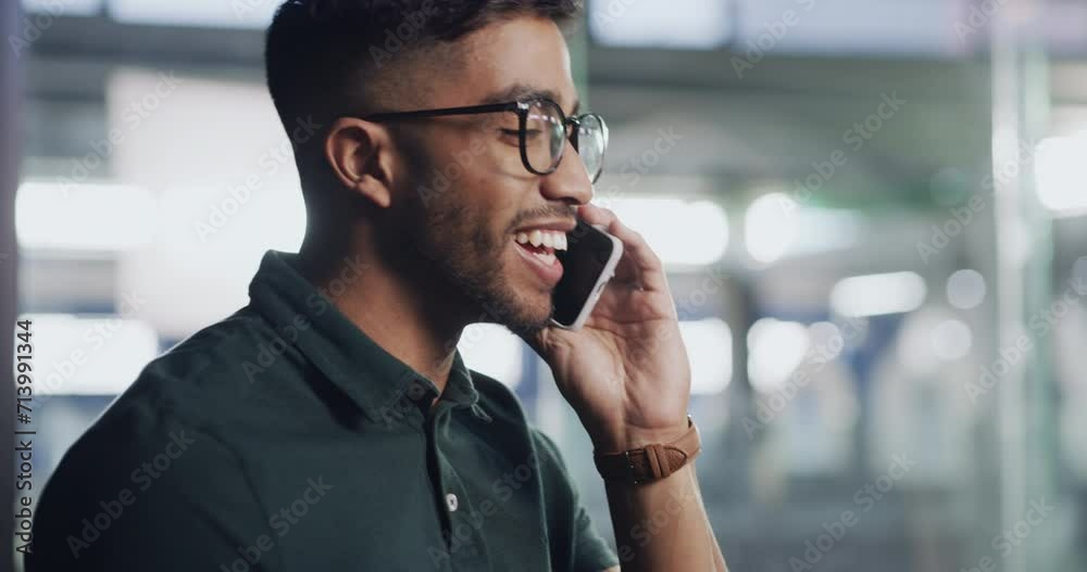 Aufkleber business, phone call or happy indian man in workspace for client communication, chat or networking. 