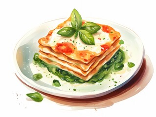 Fototapeta na wymiar Delicious Vegetarian Lasagna with Spinach and Ricotta on White Background AI Generated